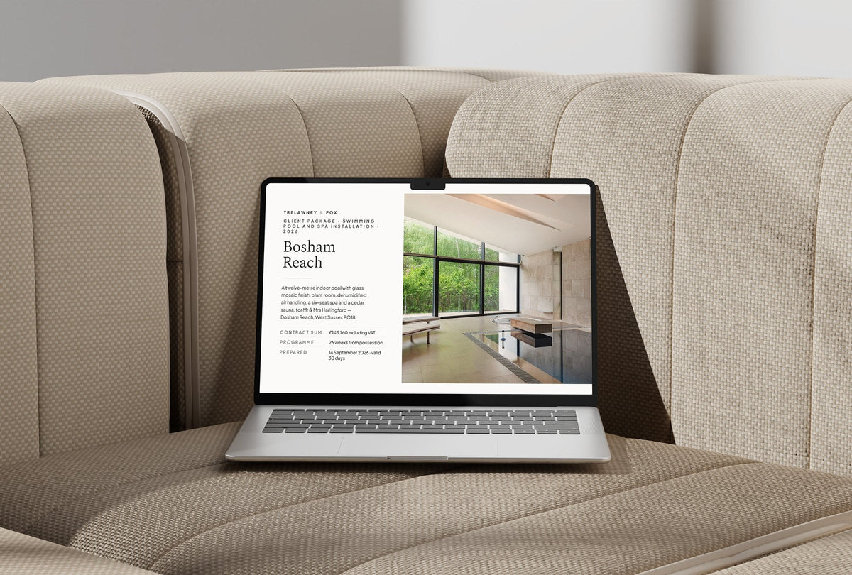 Swimming Pool Client Package, Ivory colourway, laptop screen mockup