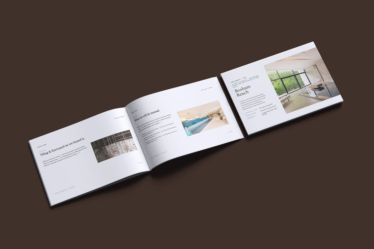 Swimming Pool Client Package, Slate colourway, cover and inside spread mockup
