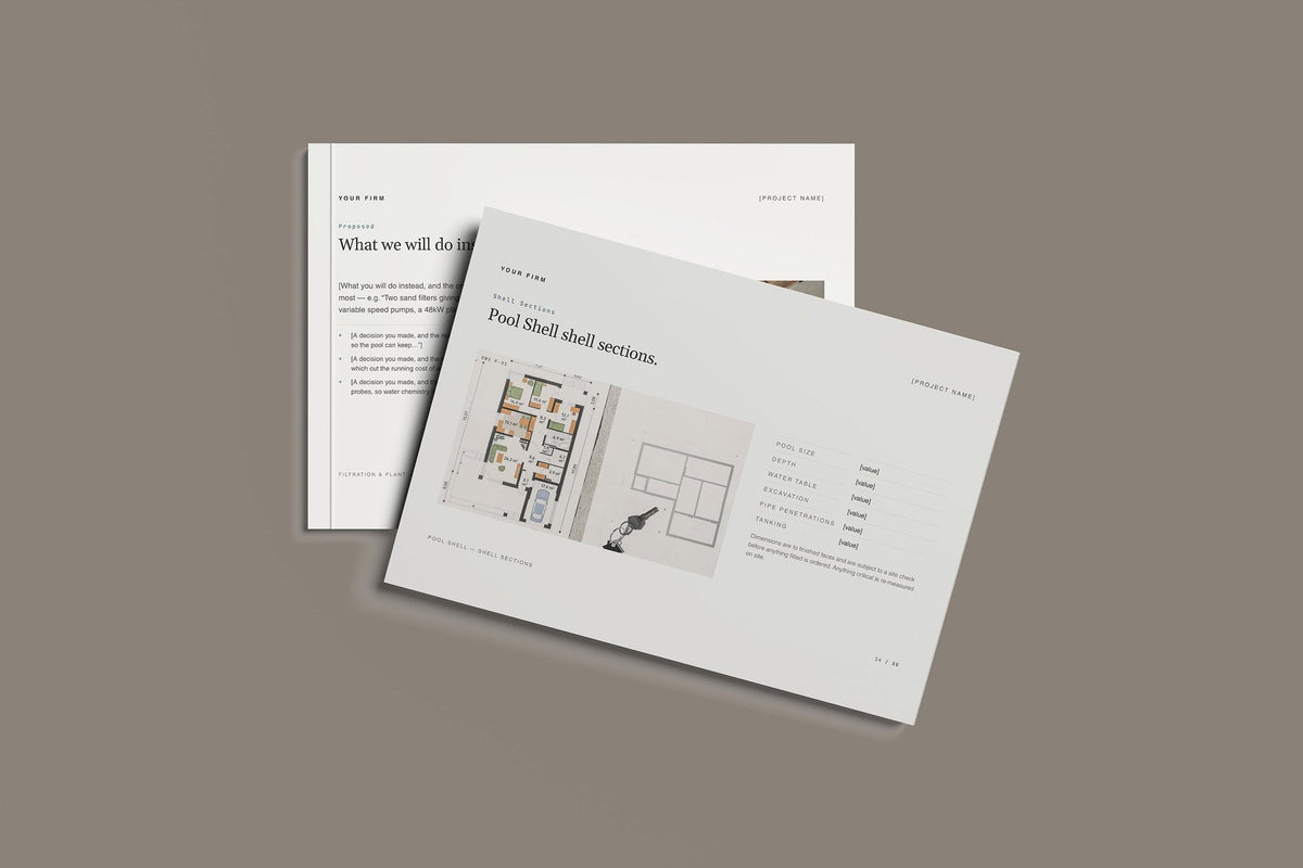 Swimming Pool Client Package, Standard colourway, front and back cover mockup