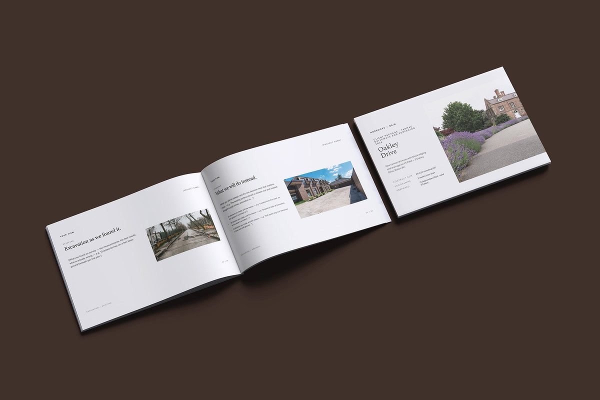 Tarmac Driveway Client Package, Standard colourway, cover and inside spread mockup