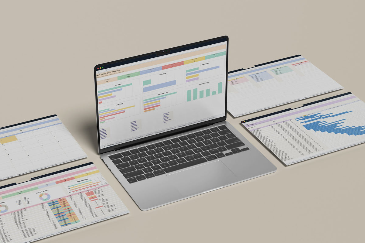 Task Tracker 2.0 Excel template, Dashboard tab on a laptop screen