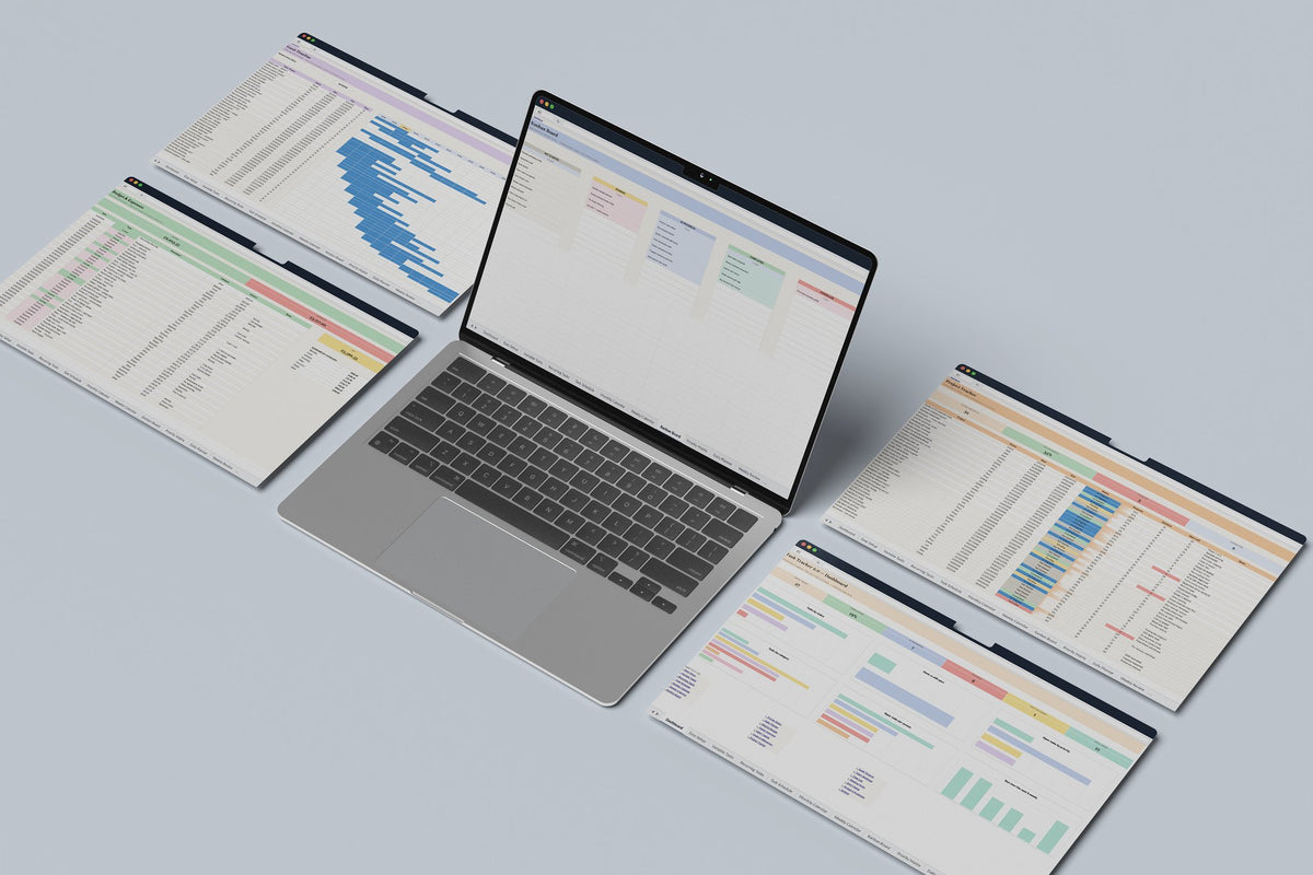 Task Tracker 2.0 Excel template, Kanban Board tab on a laptop screen