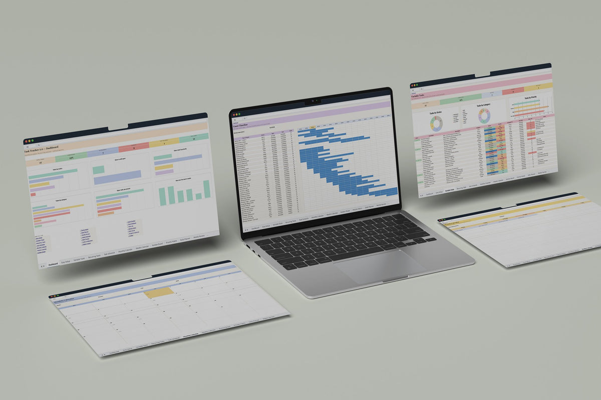 Task Tracker 2.0 Excel template, Gantt Timeline tab on a laptop screen