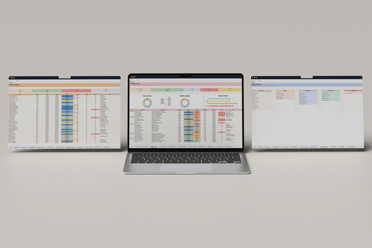 Task Tracker 2.0 Excel template, Variable Tasks tab on a laptop screen