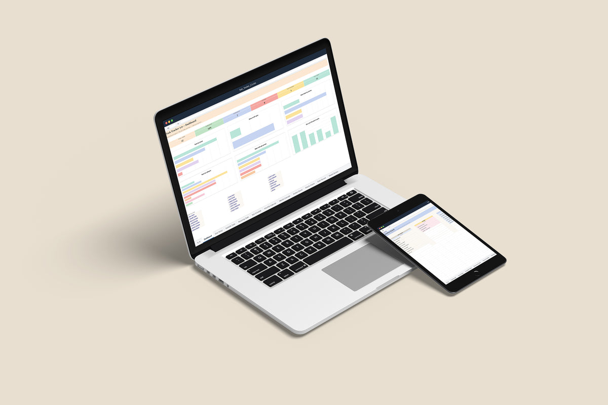 Task Tracker 2.0 Excel template on a MacBook and iPad