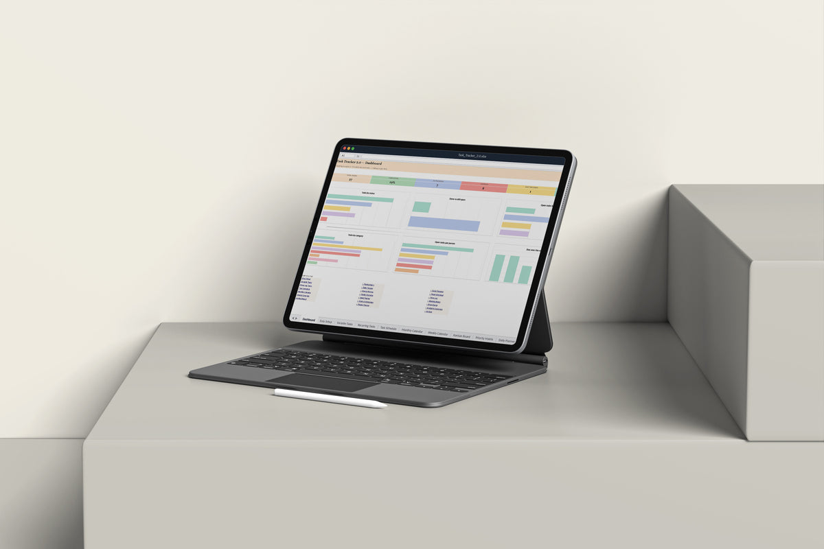 Task Tracker 2.0 Excel template on an iPad with keyboard