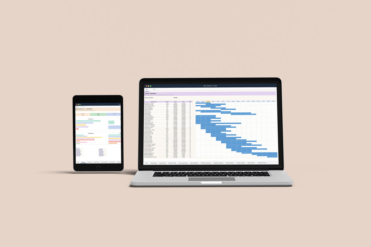 Task Tracker 2.0 Excel template on a MacBook and iPad, second view