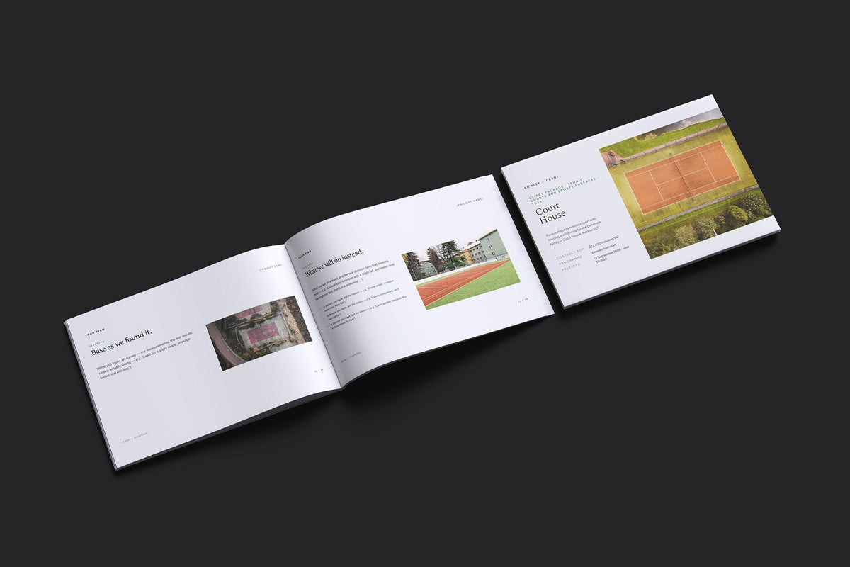 Tennis Court and Sports Surfaces Client Package, Slate colourway, cover and inside spread mockup