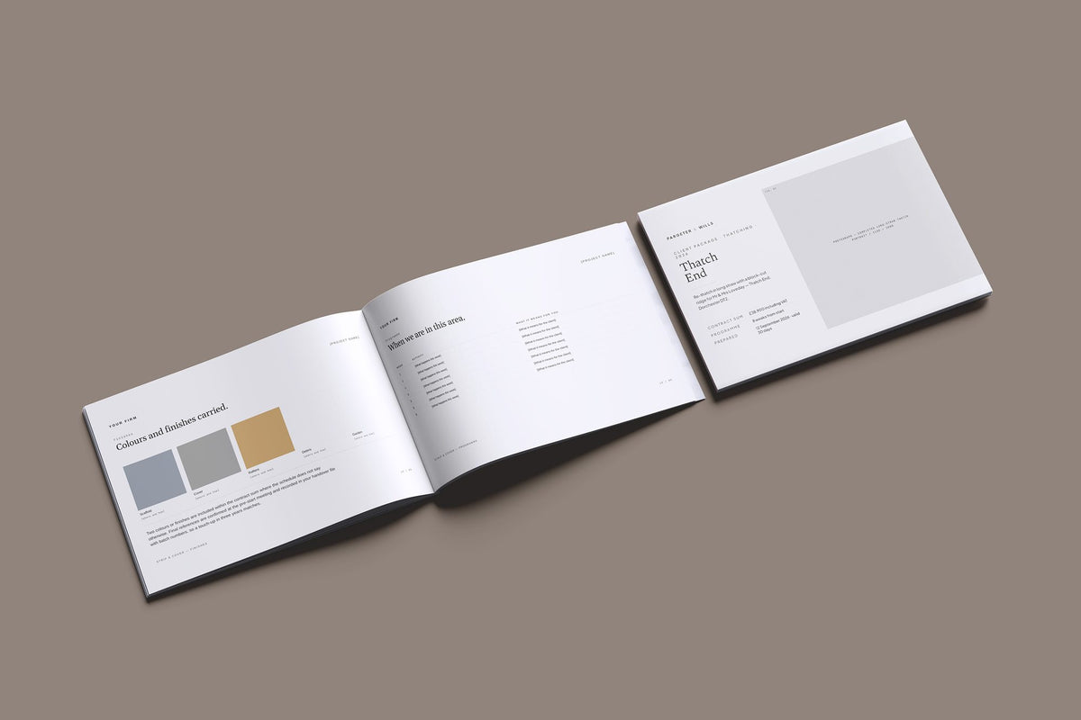 Thatching Client Package, Ivory colourway, cover and inside spread mockup