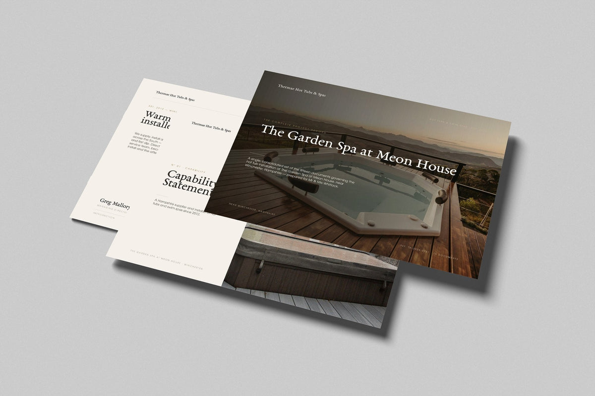 Hot Tub & Spa Installer Project Pack in PowerPoint, printed pages floating