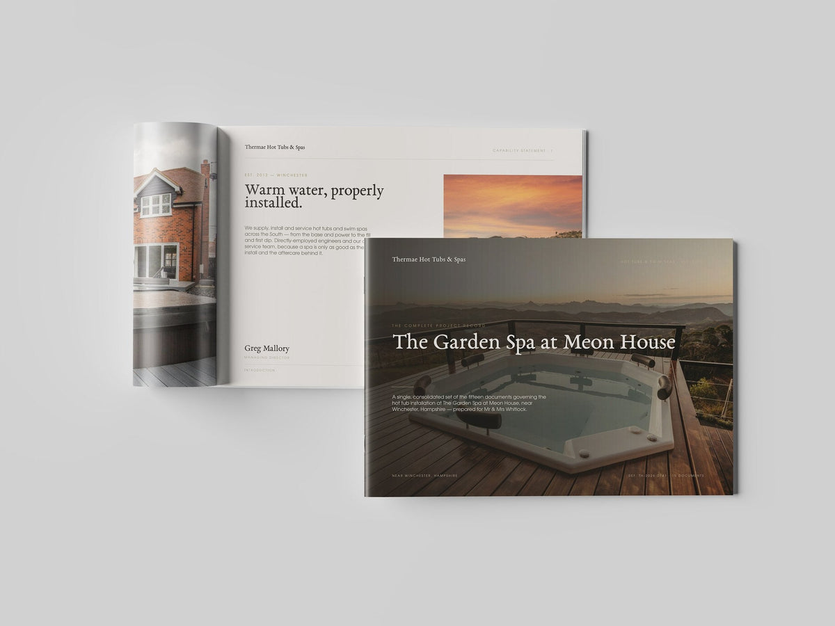 Hot Tub & Spa Installer Project Pack in PowerPoint, printed and open at an inside page