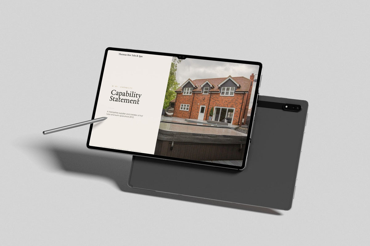 Hot Tub & Spa Installer Project Pack in PowerPoint, inside pages shown on a tablet