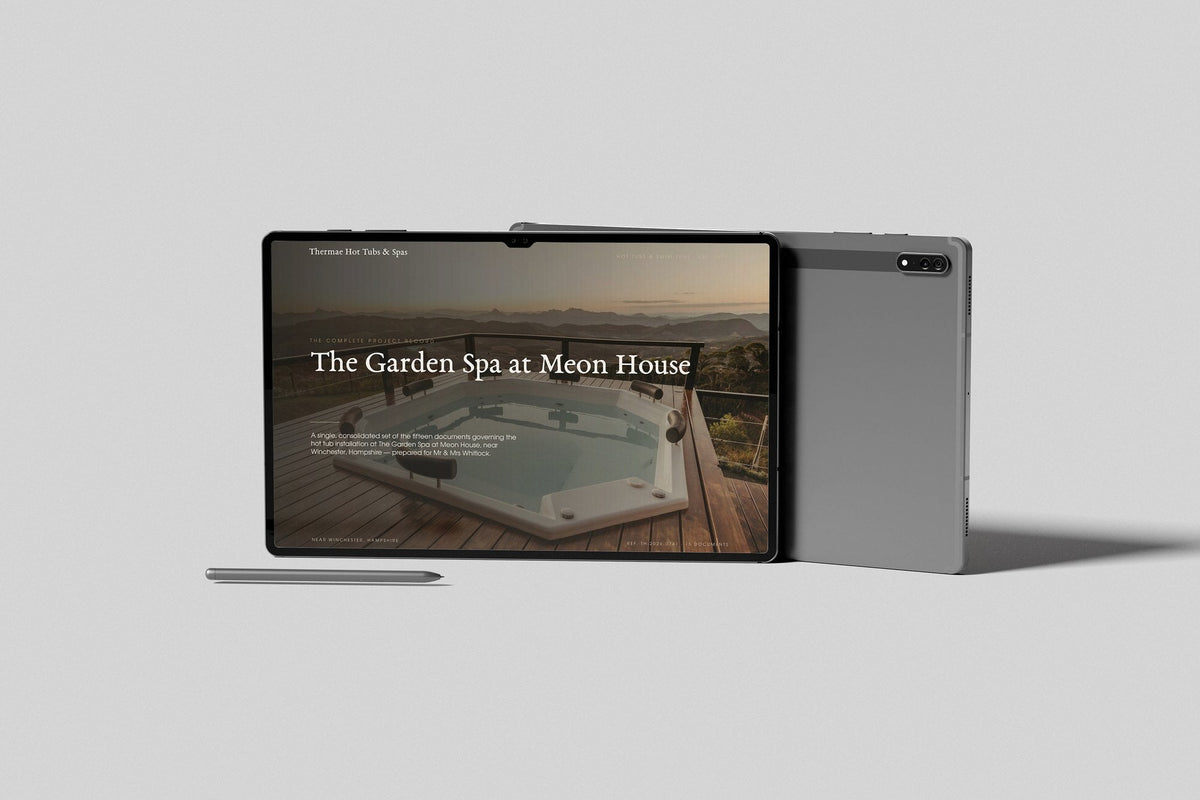 Hot Tub & Spa Installer Project Pack in PowerPoint, shown on a tablet