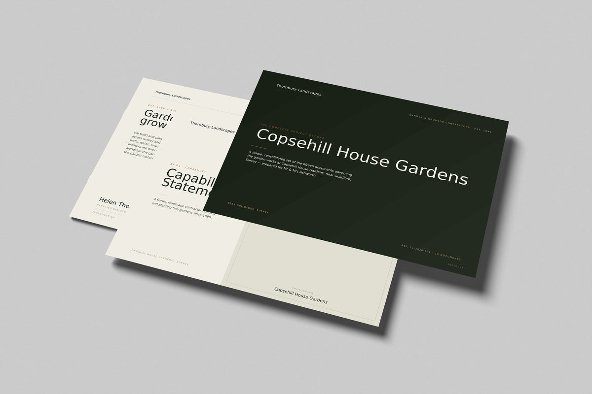 Landscape Gardener Project Pack in PowerPoint, printed pages floating