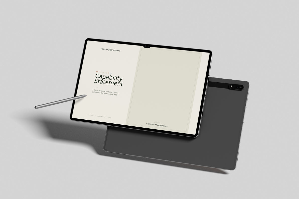 Landscape Gardener Project Pack in PowerPoint, inside pages shown on a tablet