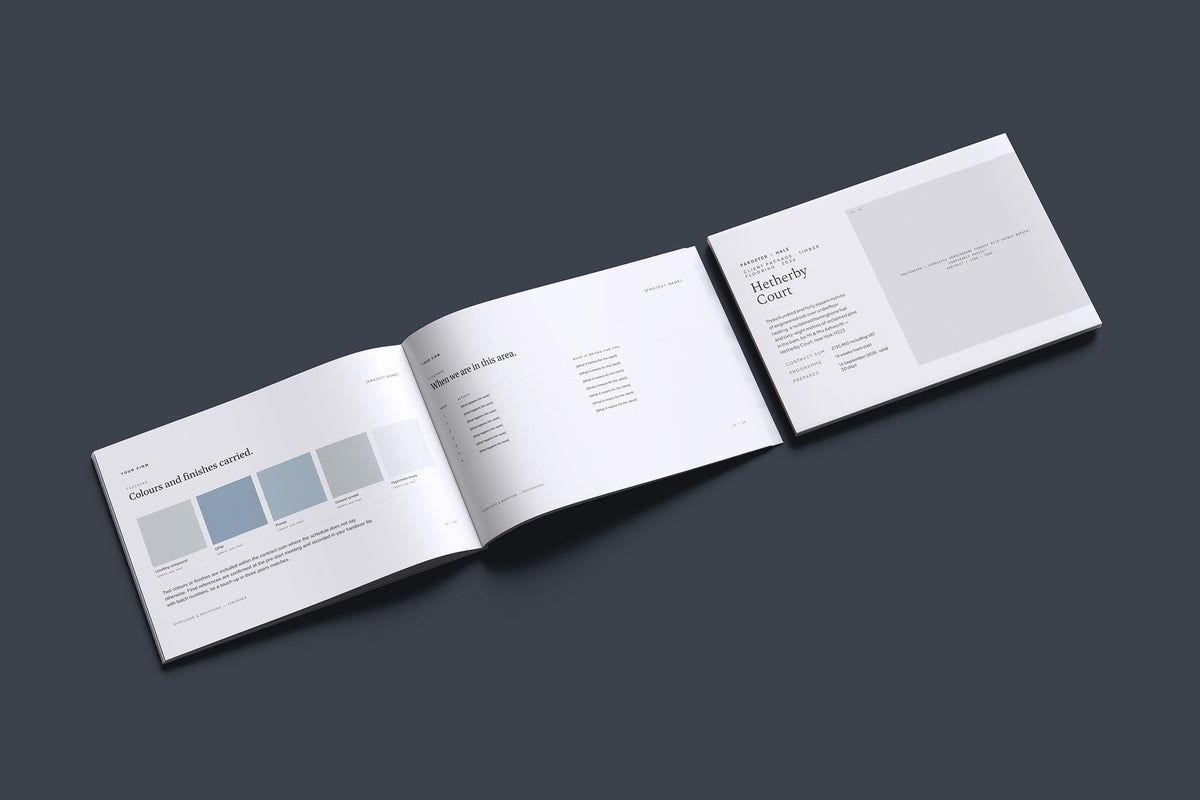Timber Flooring Client Package, Ivory colourway, cover and inside spread mockup
