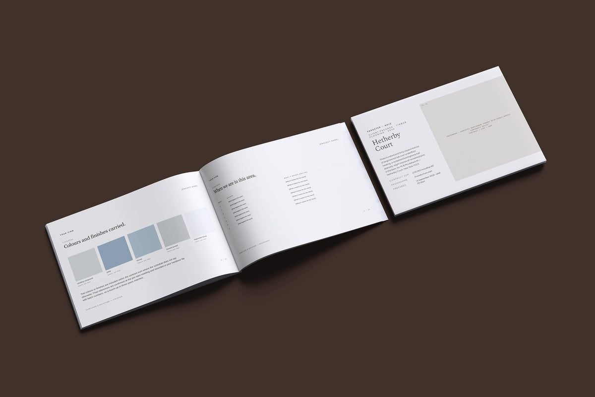 Timber Flooring Client Package, Oat colourway, cover and inside spread mockup