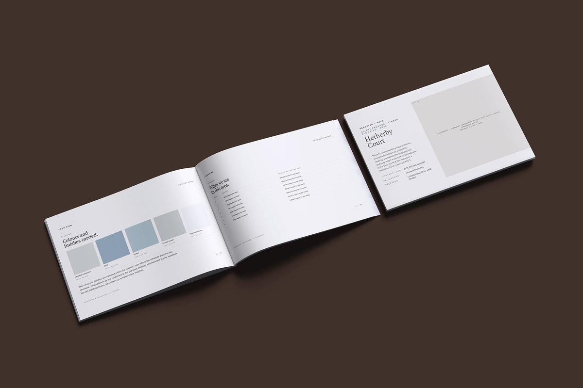 Timber Flooring Client Package, Standard colourway, cover and inside spread mockup