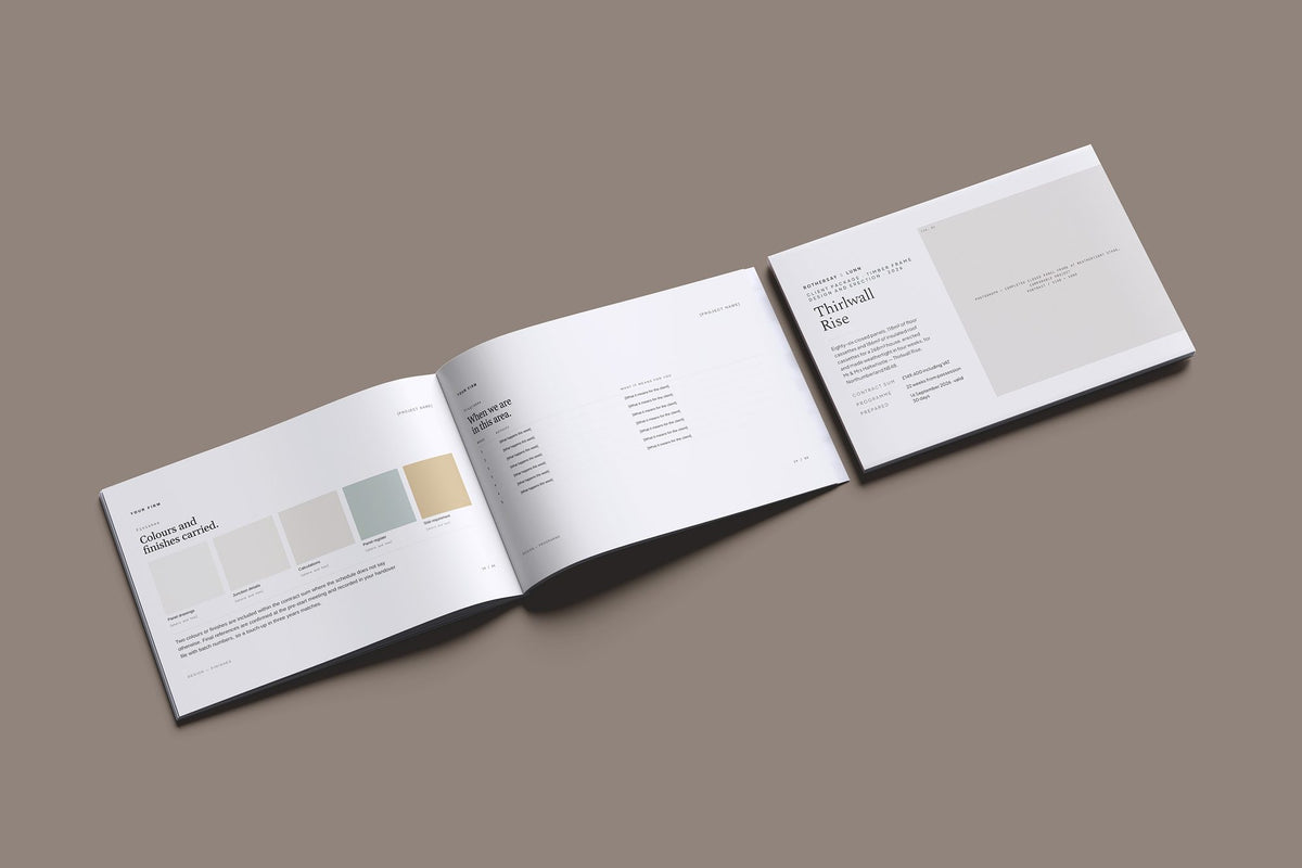 Timber Frame Client Package, Standard colourway, cover and inside spread mockup