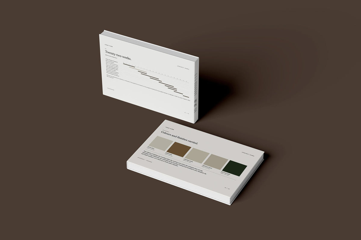 Timber Treatment Client Package, Ivory colourway, floating books mockup