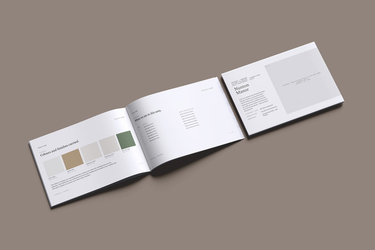 Timber Treatment Client Package, Ivory colourway, cover and inside spread mockup