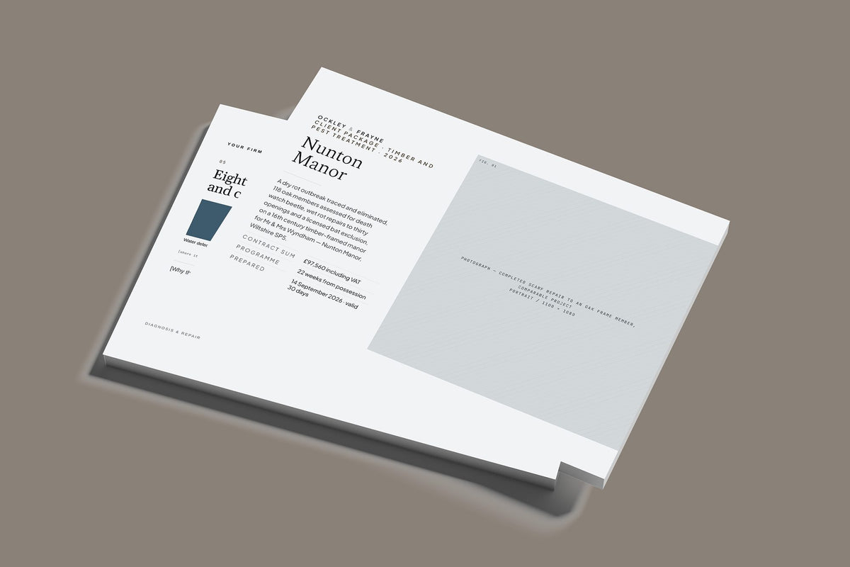 Timber Treatment Client Package, Slate colourway, stacked books mockup