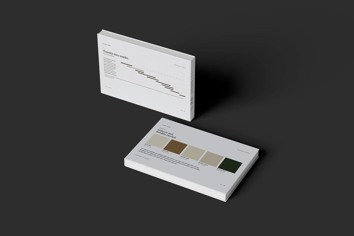 Timber Treatment Client Package, Slate colourway, floating books mockup