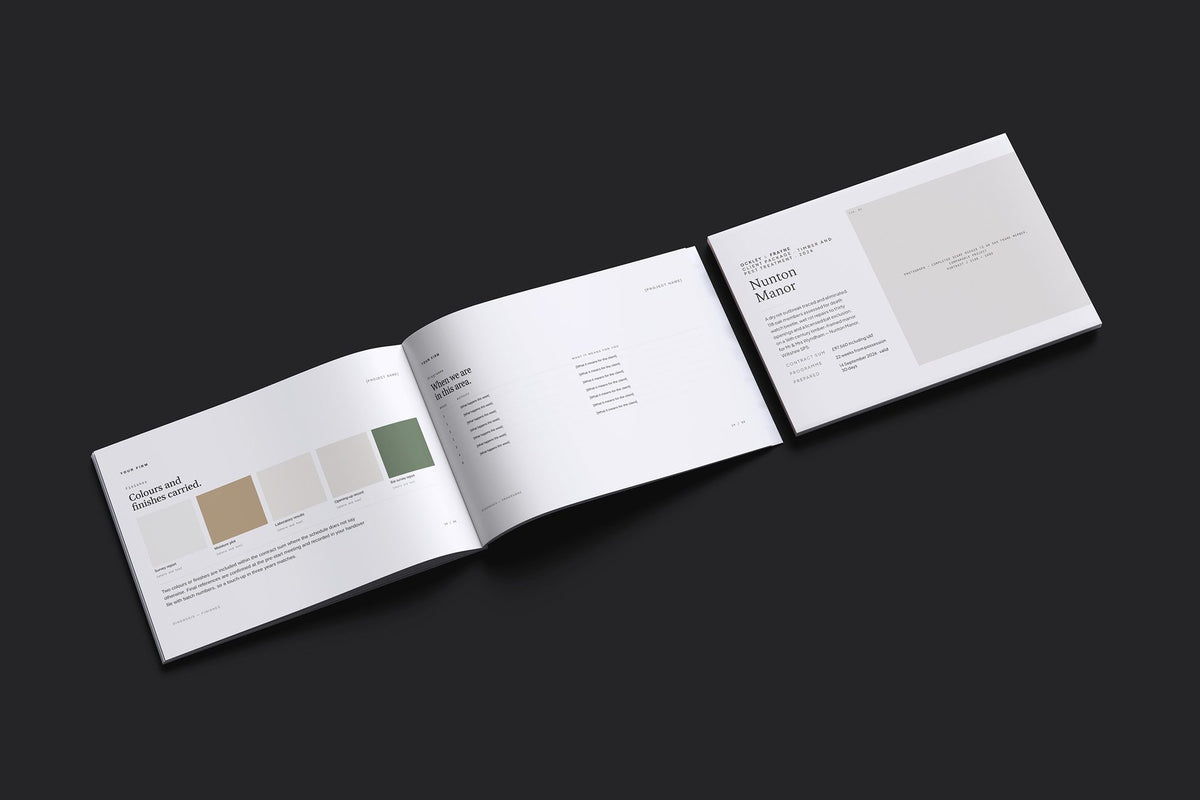 Timber Treatment Client Package, Standard colourway, cover and inside spread mockup