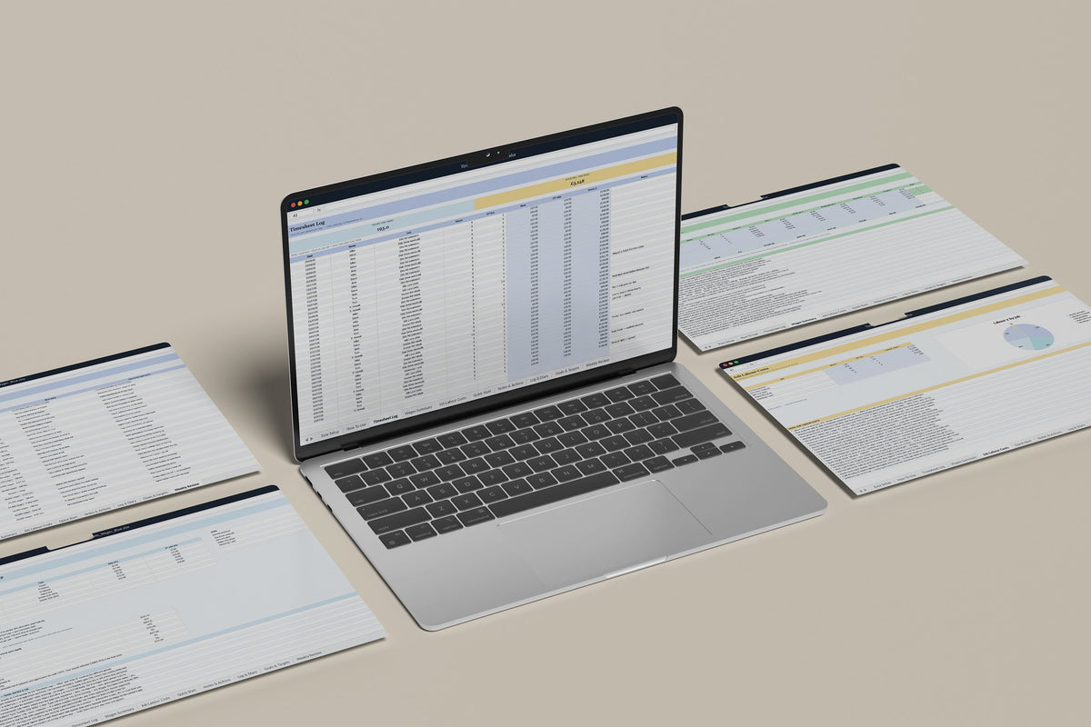 Timesheets and Wages Excel template, Timesheet Log tab on a laptop screen