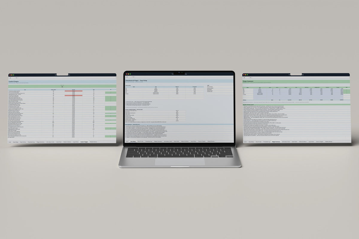 Timesheets and Wages Excel template, Easy Setup tab on a laptop screen