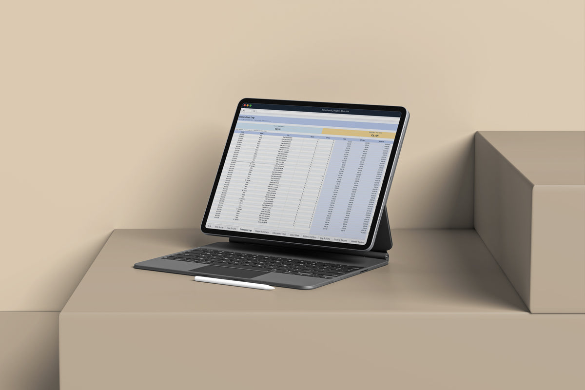 Timesheets and Wages Excel template on an iPad with keyboard