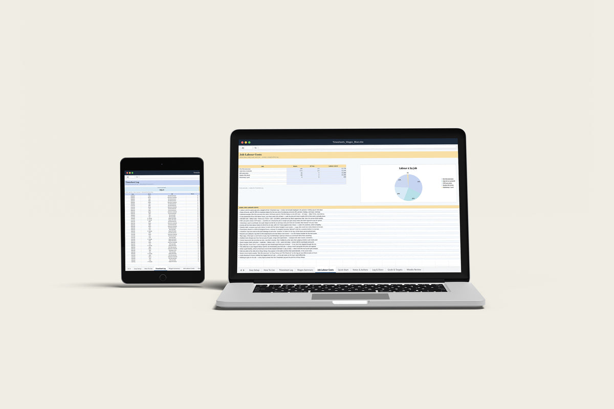 Timesheets and Wages Excel template on a MacBook and iPad, second view