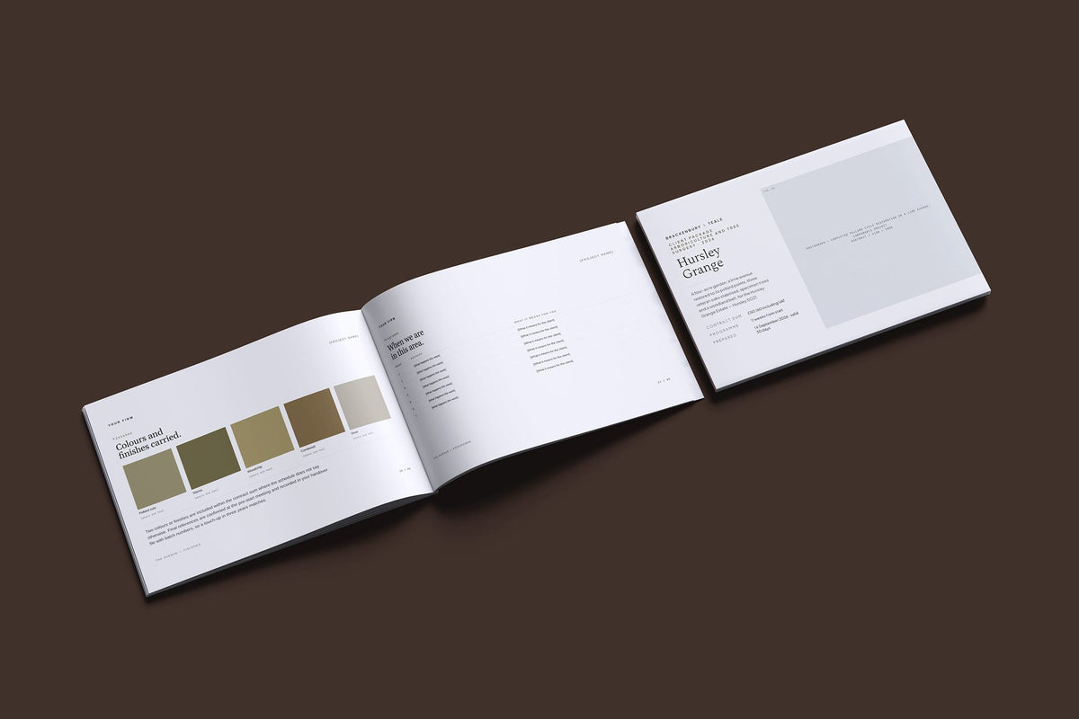 Tree Surgery Client Package, Slate colourway, cover and inside spread mockup