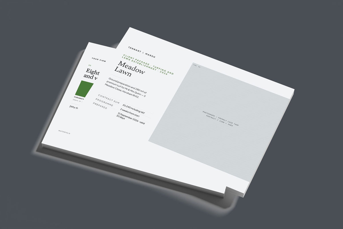 Turfing and Lawns Client Package, Slate colourway, stacked books mockup