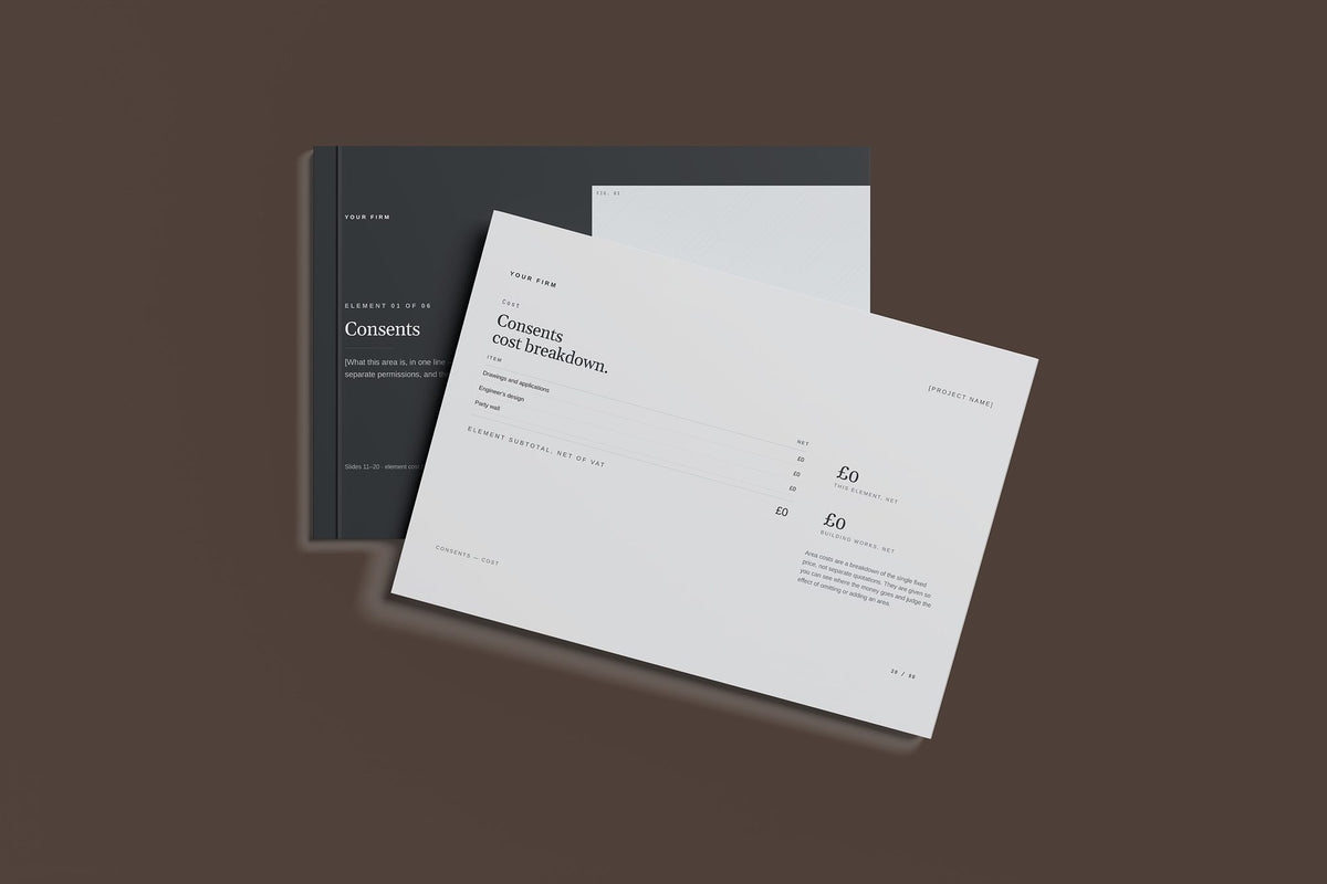 Two Storey Extension Client Package, Slate colourway, front and back cover mockup