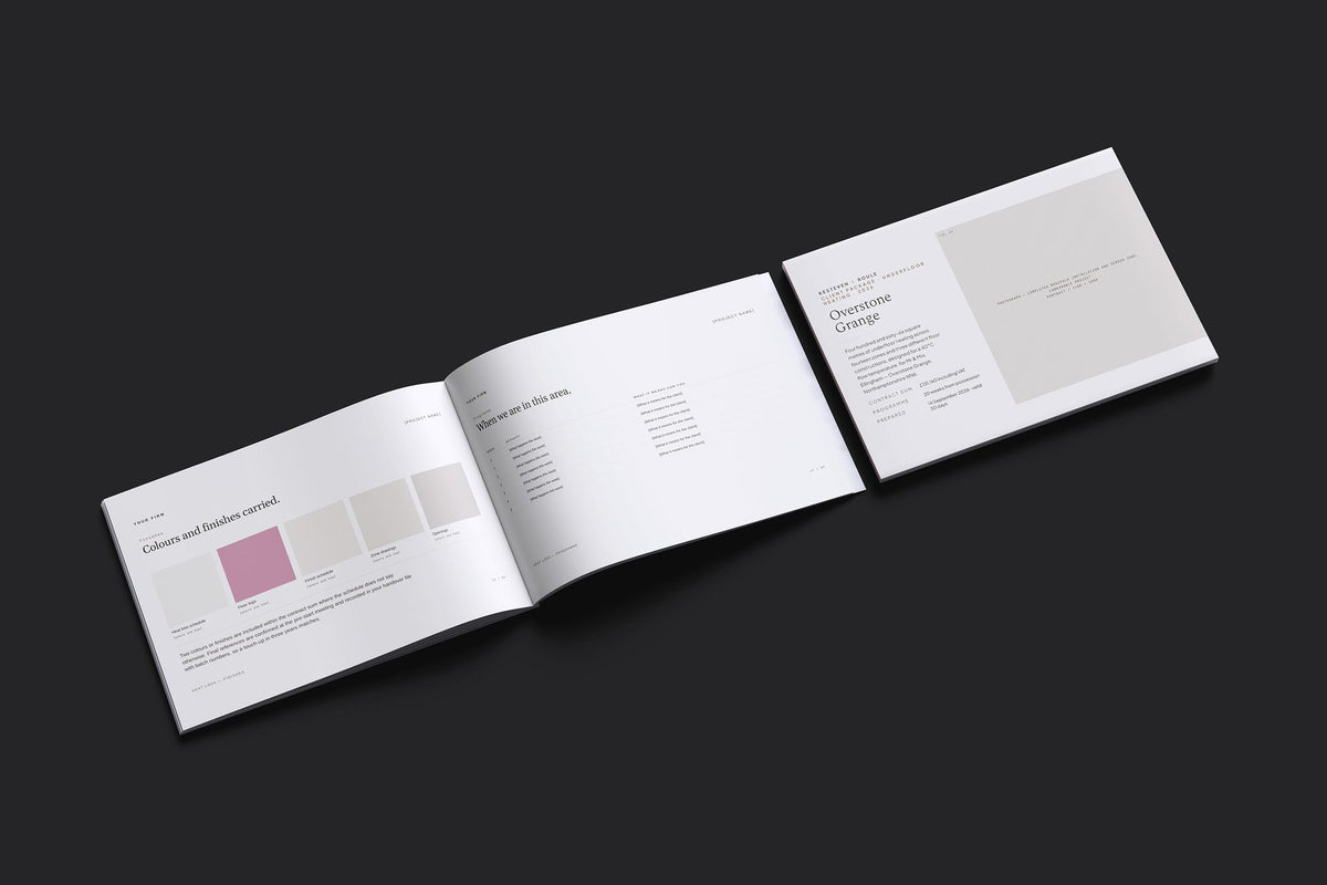 Underfloor Heating Client Package, Oat colourway, cover and inside spread mockup