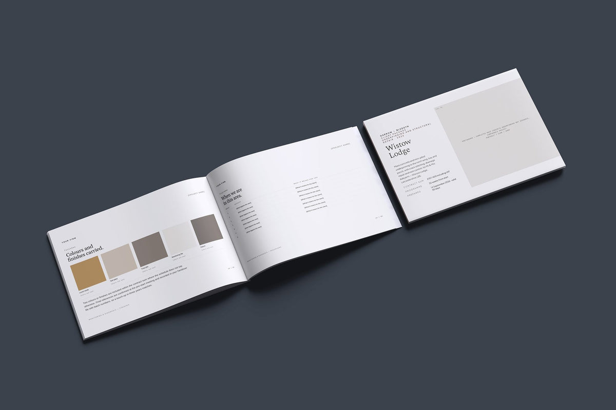 Underpinning Client Package, Standard colourway, cover and inside spread mockup