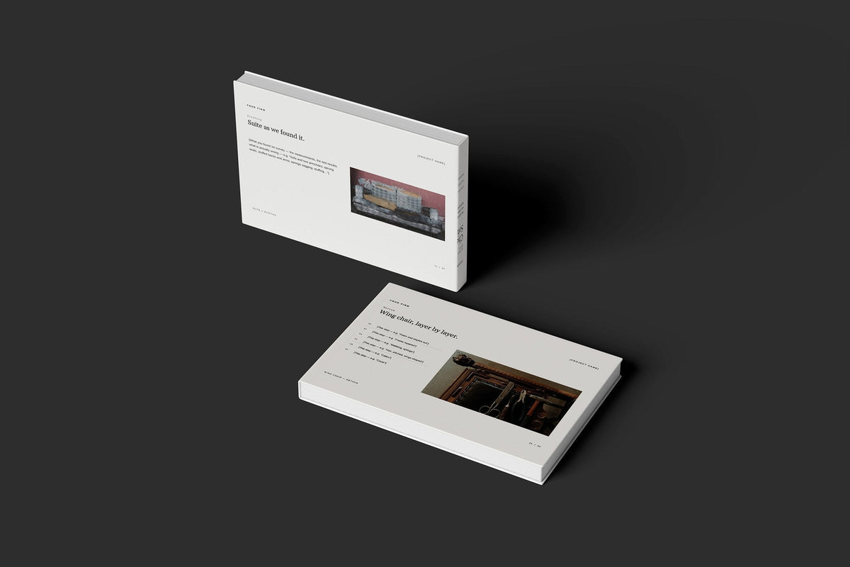 Upholstery Client Package, Ivory colourway, floating books mockup