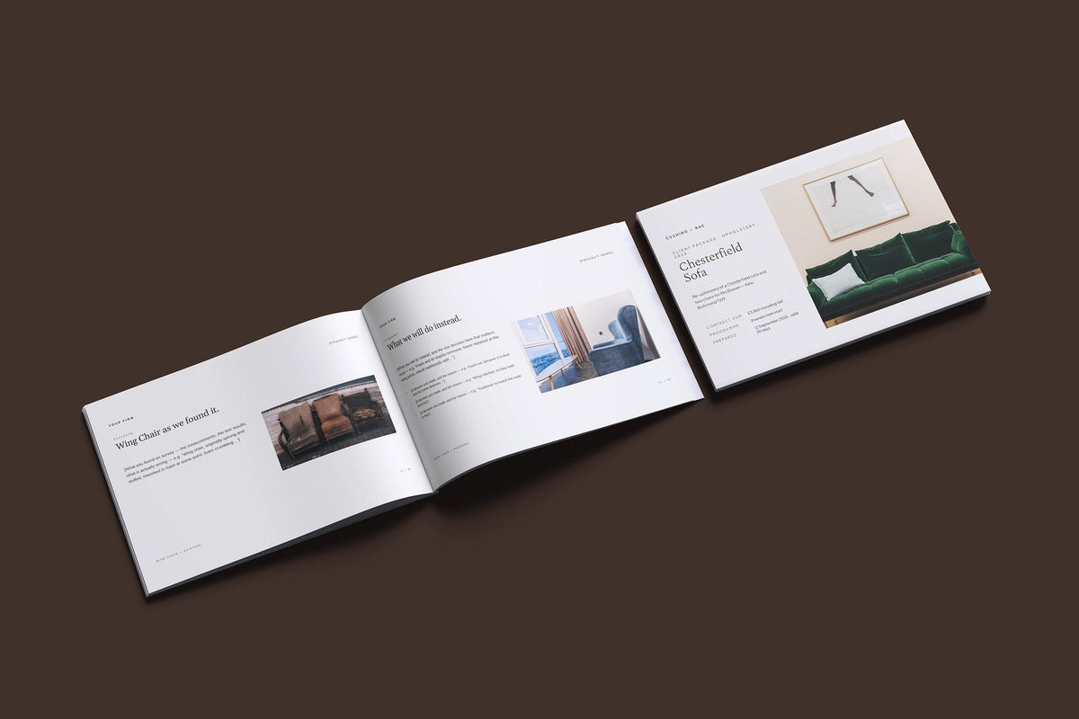 Upholstery Client Package, Oat colourway, cover and inside spread mockup