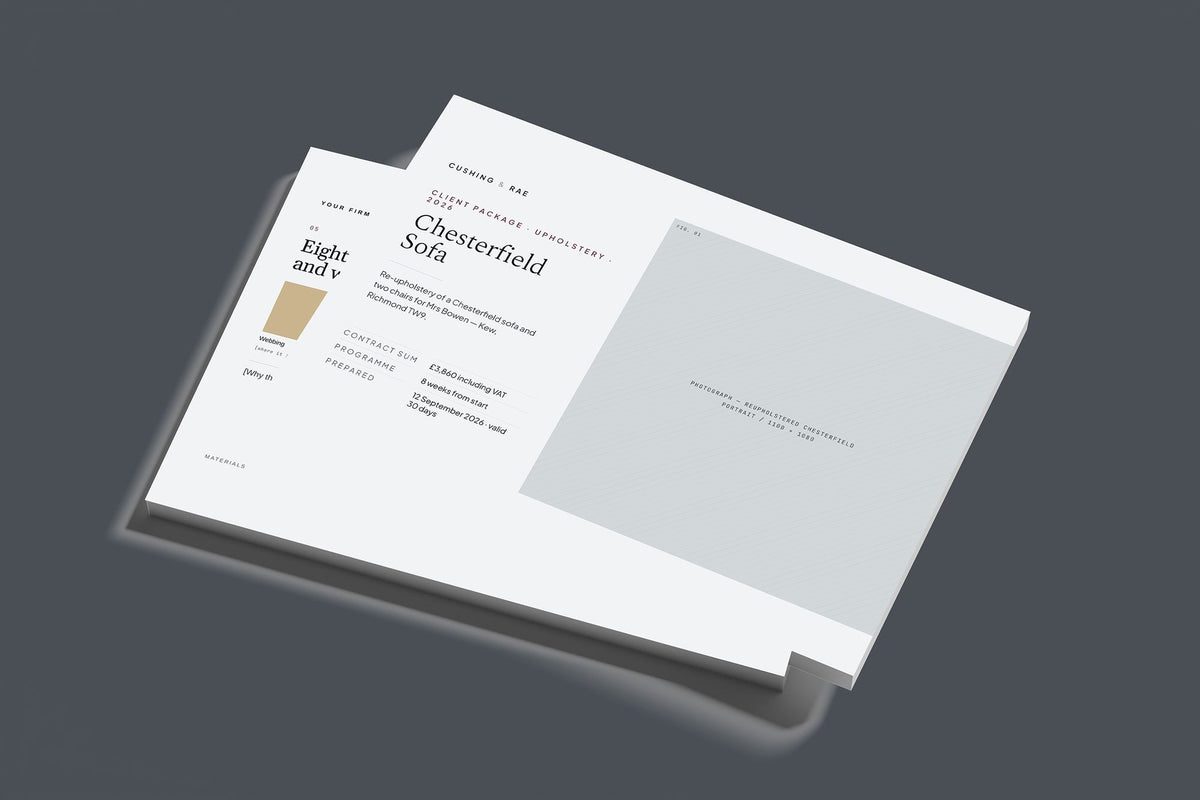 Upholstery Client Package, Slate colourway, stacked books mockup