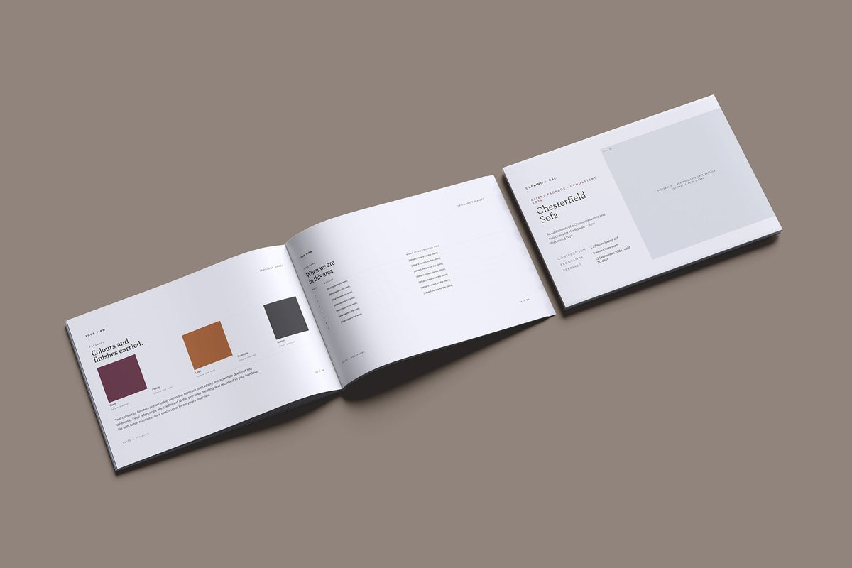 Upholstery Client Package, Slate colourway, cover and inside spread mockup