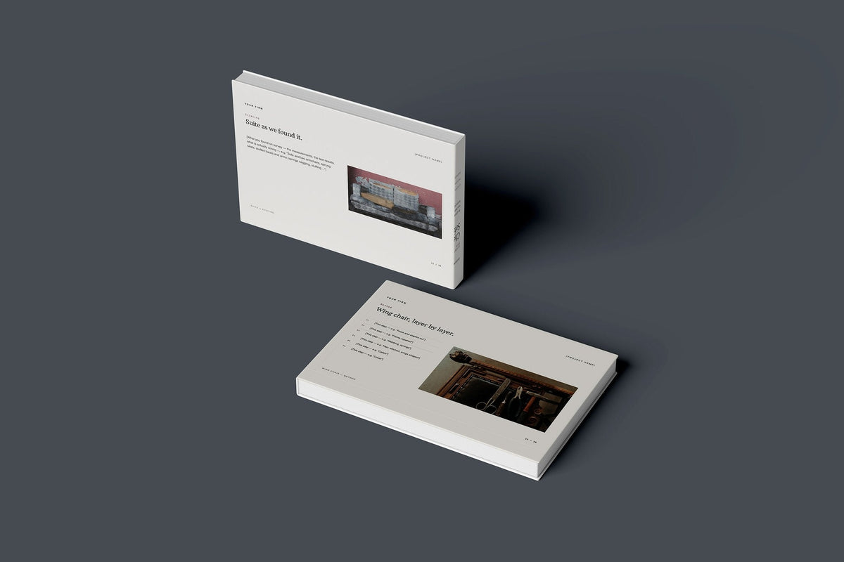 Upholstery Client Package, Standard colourway, floating books mockup