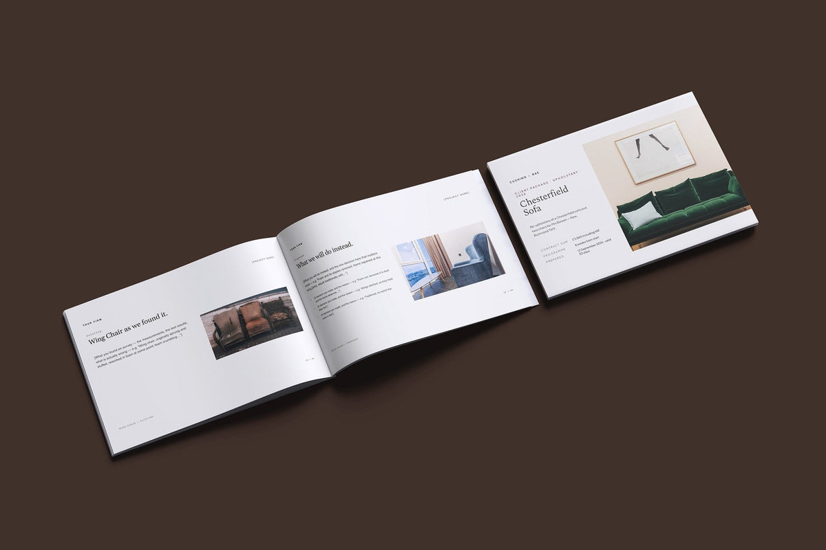 Upholstery Client Package, Standard colourway, cover and inside spread mockup