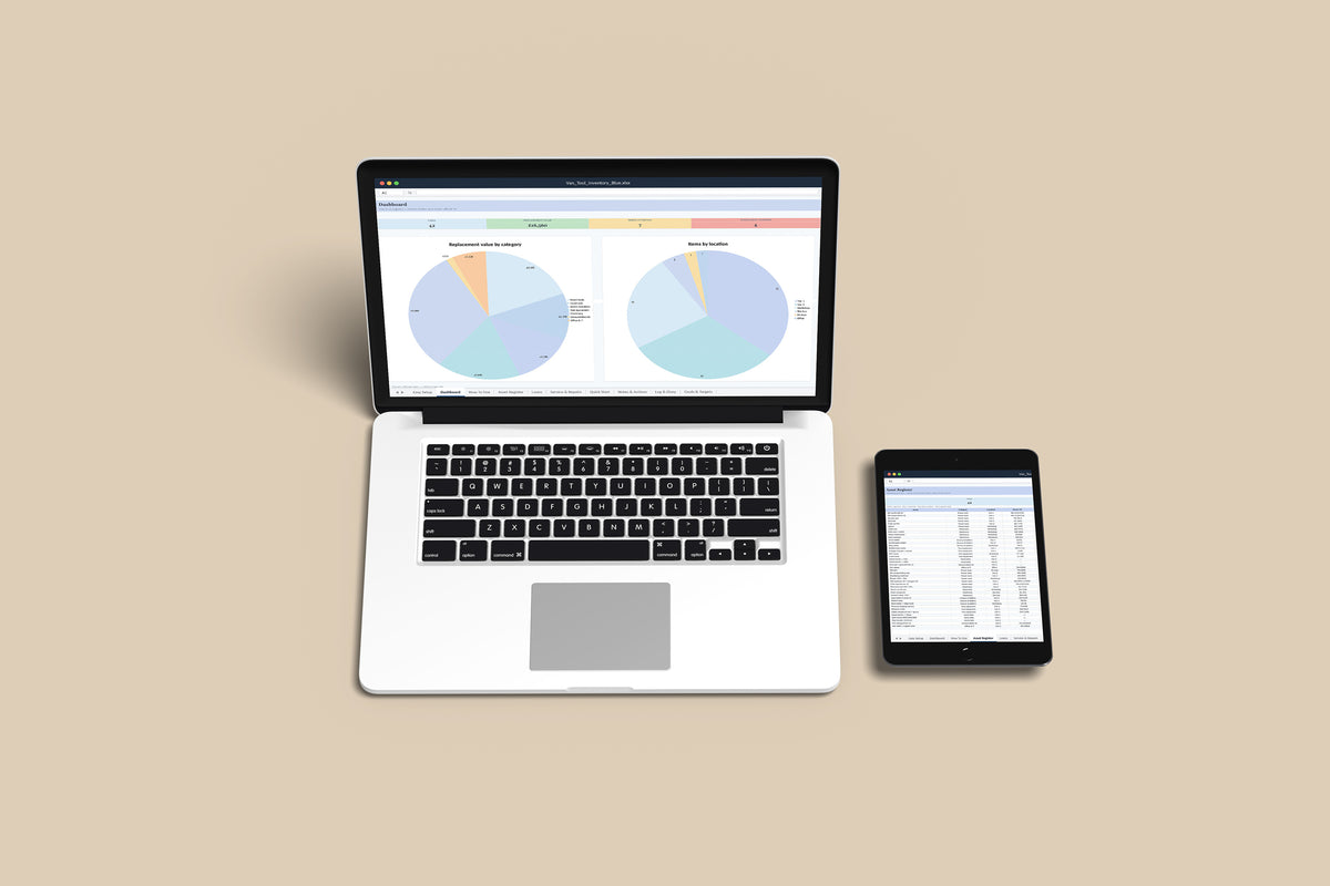 Van Tool Inventory Excel template on a MacBook and iPad