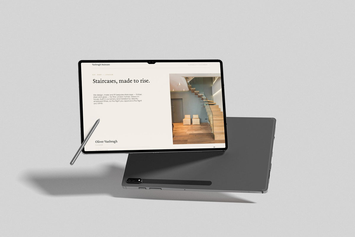 Staircase Maker Project Pack in PowerPoint, inside pages shown on a tablet