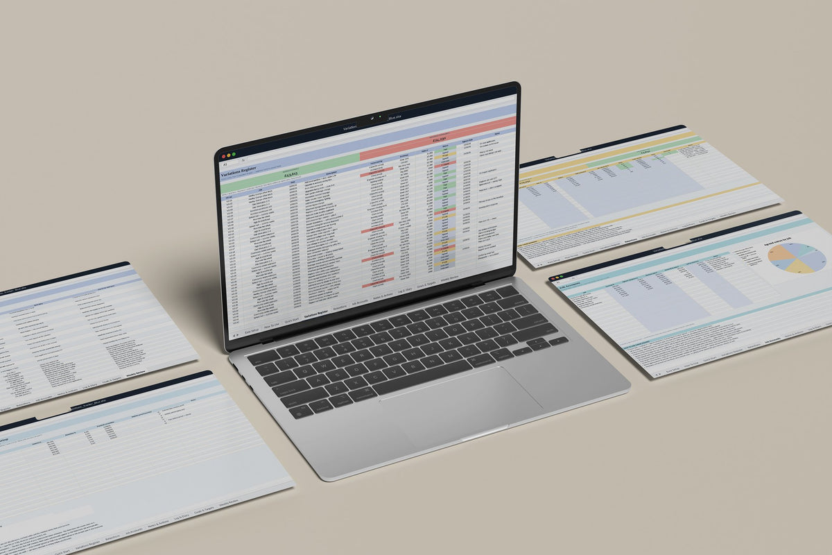 Variations and Retentions Tracker Excel template, Variations Register tab on a laptop screen