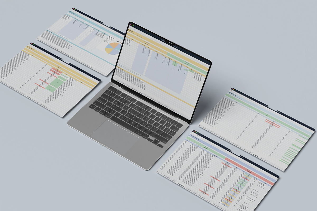Variations and Retentions Tracker Excel template, Retentions tab on a laptop screen