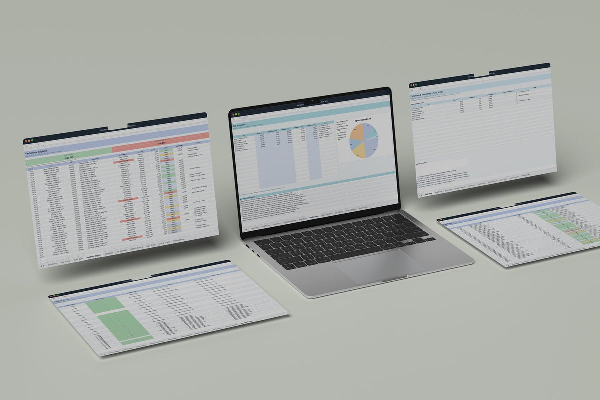 Variations and Retentions Tracker Excel template, Job Accounts tab on a laptop screen