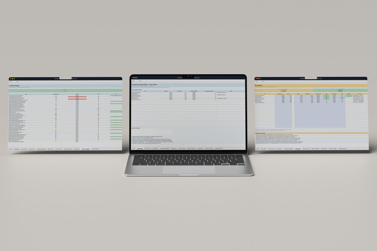 Variations and Retentions Tracker Excel template, Easy Setup tab on a laptop screen