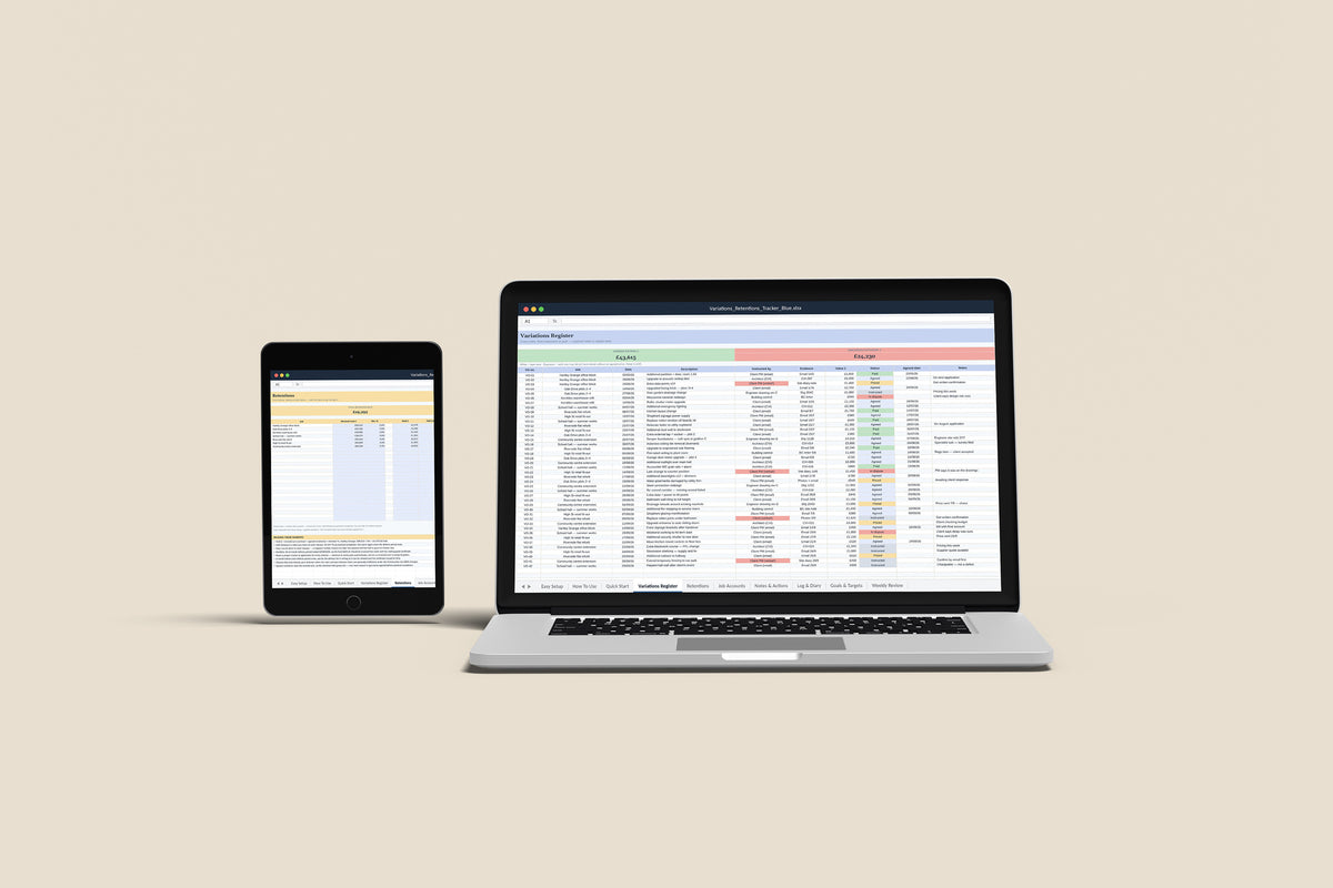 Variations and Retentions Tracker Excel template on a MacBook and iPad